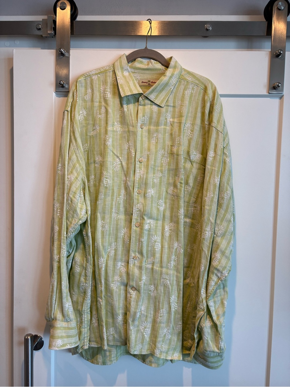 Tommy Bahama Light Green and White Striped Linen Long Sleeve Shirt